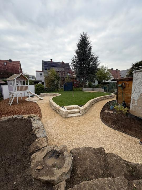 Gartengestaltung mit Kiesweg und Natursteinen